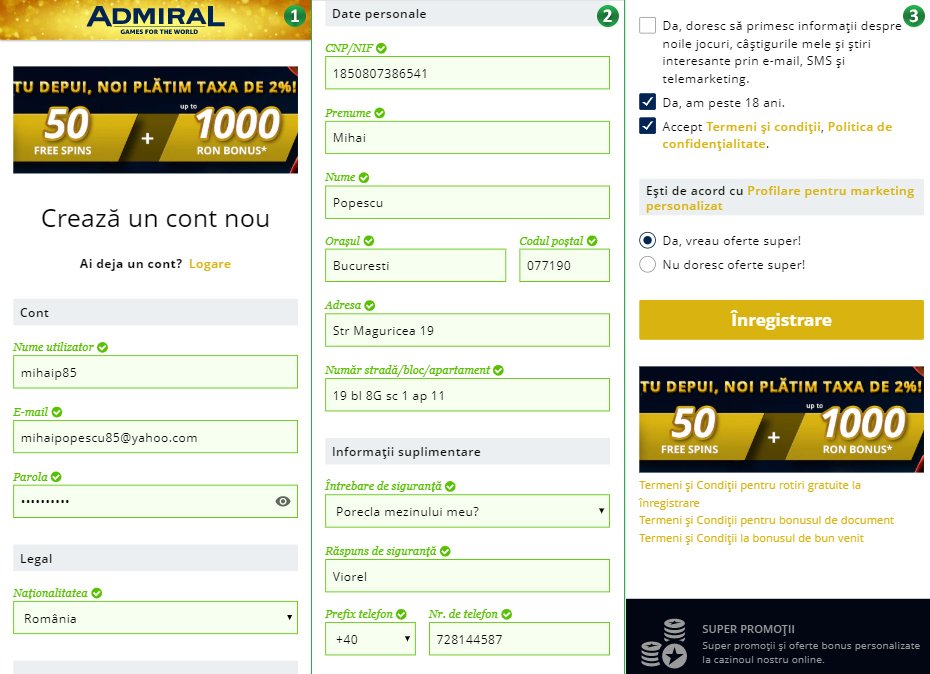Formular de inregistrare la casa de pariuri Admiral