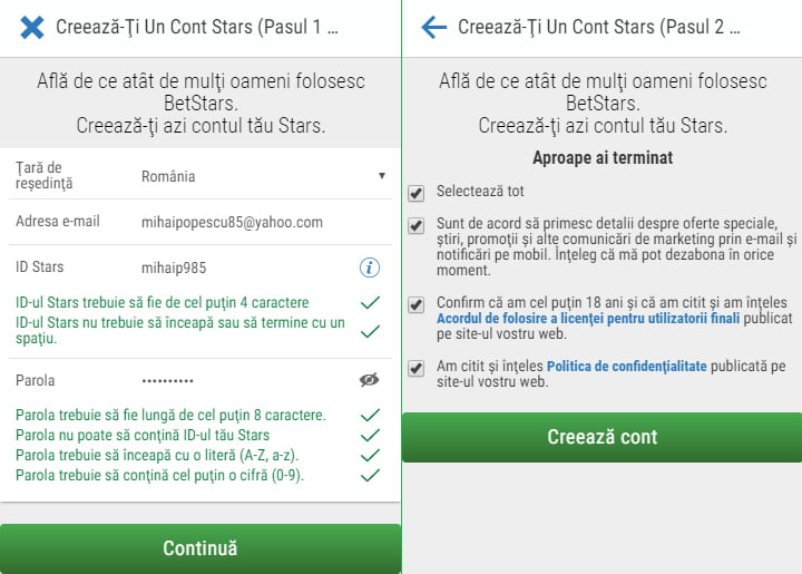 Formular înregistrare cont nou la BetStars