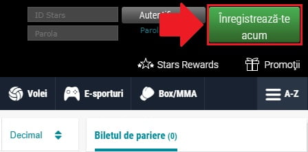 Deschiderea unui cont nou la BetStars