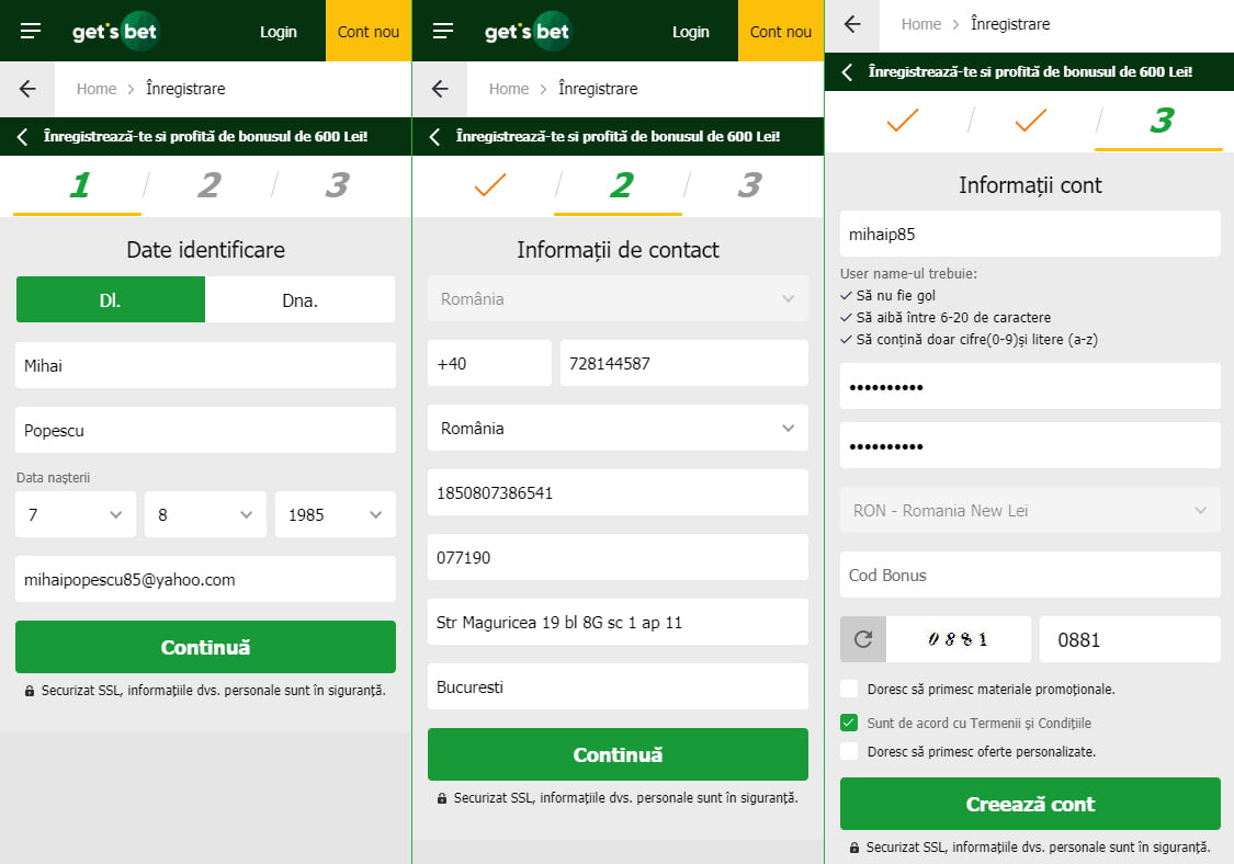 Formular înregistrare cont nou la Get's Bet