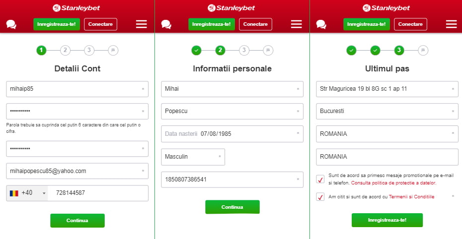 Formular de inregistrare la Stanleybet