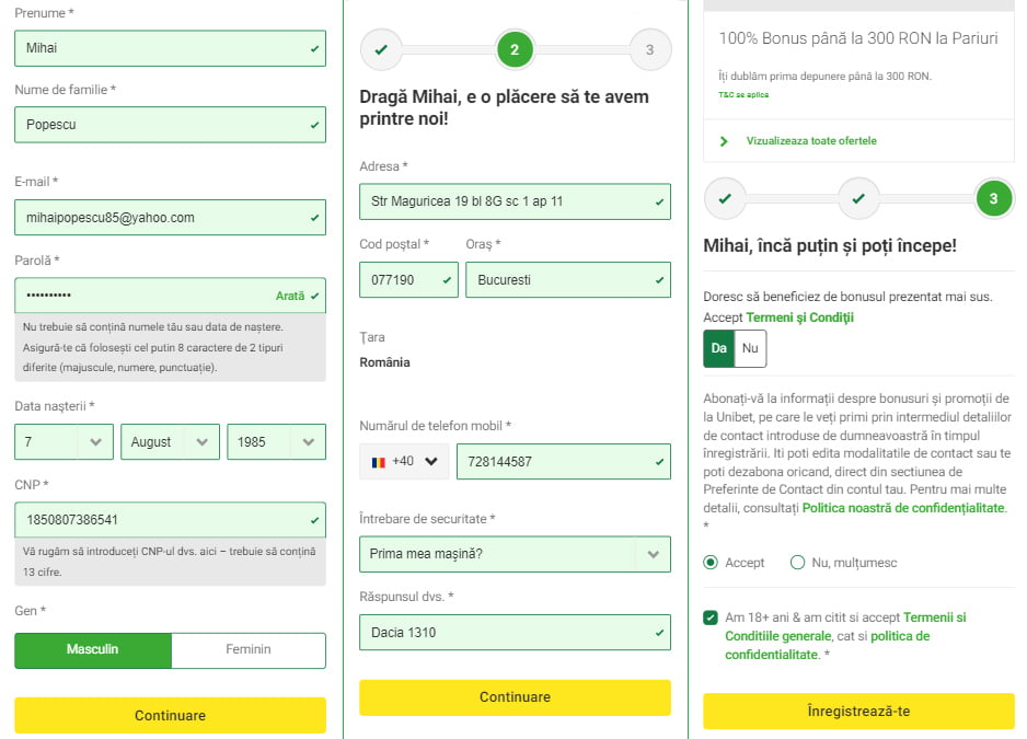 Formular de inregistrare cont de pariuri la Unibet