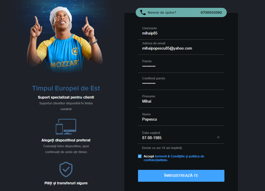 Formular de inregistrare la Mozzart Bet