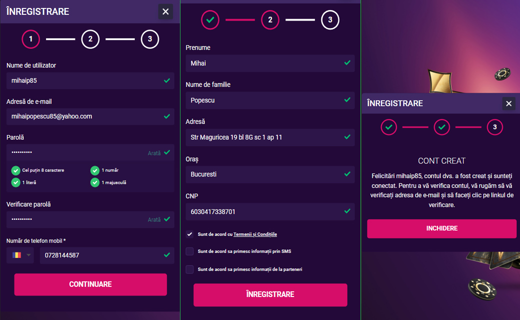 Formular de inregistrare la Player