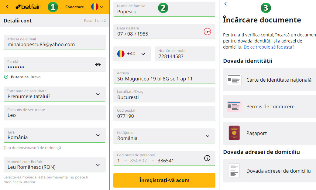 Formular de inregistrare la Betfair